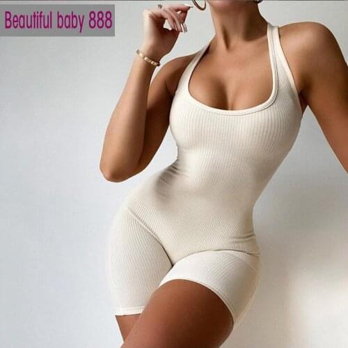 Meqeiss Basic Striped Halter Rib Knit Playsuit Women Casual Backless Streetwear Rompers 2021 Sporty Workout Elastic Biker Short