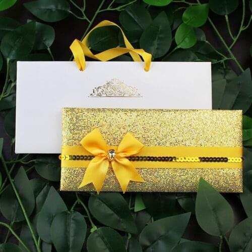 100Pcs Personalized Luxurious Wedding Invitation Card Arabic Glitter Gold White Leather Handmade Birthday Cards With Handbag