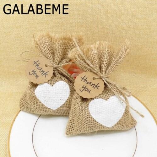 50pcs/lot 10*14cm Hessian Burlap white heart Bag with thank you tag rustic Jute Gift Bags candy bag wedding gifts for guests