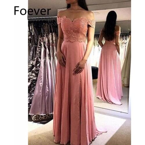 2019 Off Shoulder Evening Dresses Long with Appliques Lace V-Neck Chiffon A-Line Formal Evening Party Dress for Women