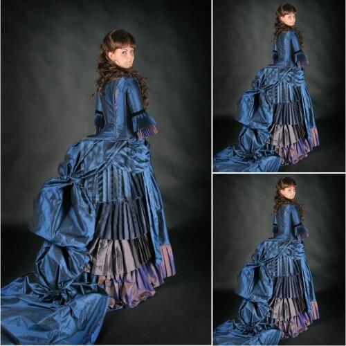 HistoricalCustomer-made Blue Victorian dress 1860s Civil war Dress Vintage Cosplay dresses Scarlett dress SZ US6-36 V-309