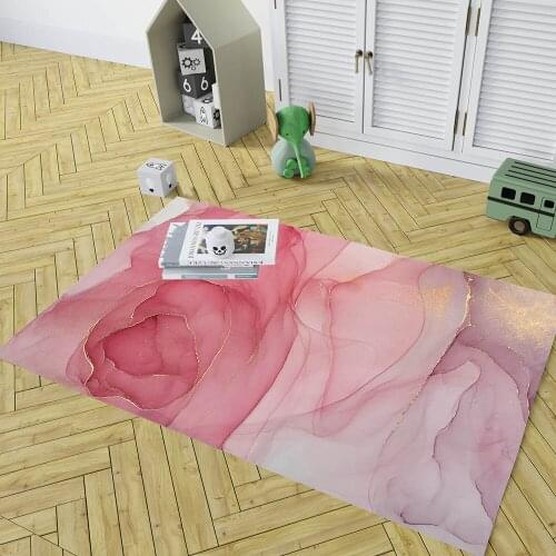 3D Marbling with Golden Stripes Rectangle Nordic Carpet Non-slip Area Rugs Floor Door Mat Pink Flowers Gril Living Room Decor