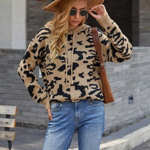 ZJZLL Factory Direct Sales Sweater Women Fashion New Comfortable Soft Knitted Pullover Leopard Print Drawstring Hooded Coat Top