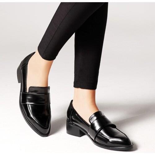Chunky heels japanned leather shoes woman pointed toe large sizes 35-42 flats slip on casual comfy loafers solid brief moccasins