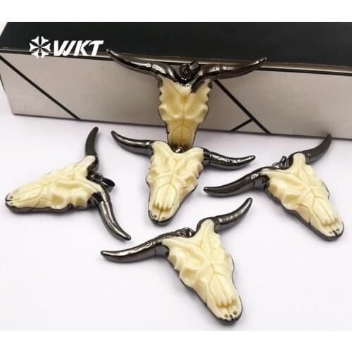 WT-P1342 New Arrival Tribal Style Resin Buffalo Horn with Blackgun Plated Cattle Head Neckalces Pendants for DIY Jewelry