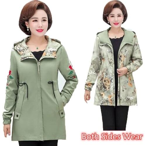 5XL Plus Size Spring Autumn Women Jacket Fashion Hooded Two Side Wear Windbreaker Coat Middle Aged Mother Embroidery Tops W2237