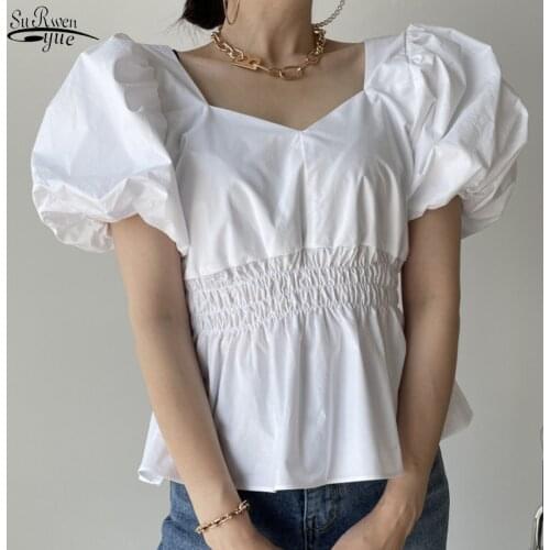 2021 Summer Elegant Comfort Women blouse Puff Sleeve V-neck Short Sleeve Lady Shirt Elastic Smock Solid Female Tops blusas 15877