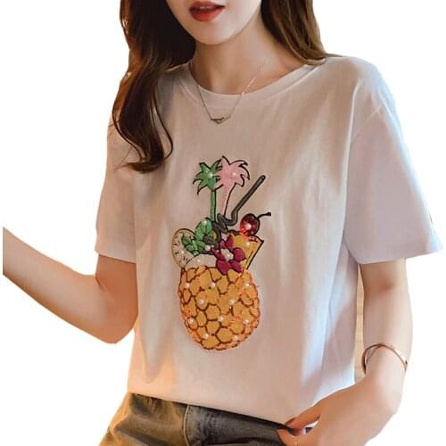 Zuolunouba Summer Explosion Sequin Beaded Short-sleeved Tees Tops Loose Black And White Plant Printed Round Neck Women T-shirt