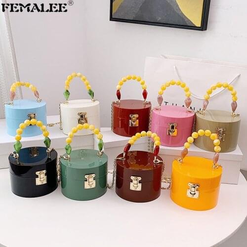 2021 Summer Circle PVC Handbags Women Acrylic Beaded Handle Luxury Chain Shoulder Crossbody Purse Round Mujer Hand Bags Ladies