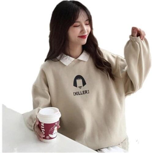 Women Autumn Winter Fake Two-Piece Oversized Lapel Hoodies Sweatshirt Girls Casual Pullovers Loose Harajuku Streetwear Clothes