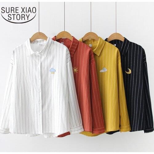 New Autumn Women Embroidery Long sleeve Shirt Striped Shirt Girl Button Blouses Tops Japanese Harajuku Style Delicate 6714 50