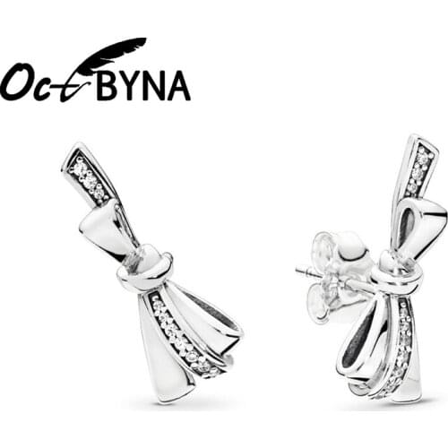 Octbyna Hot Sale Authentic Silver Color Ornate Bow AAA Zircon Stud Earrings For Women Fashion Fine Jewelry Dropshipping