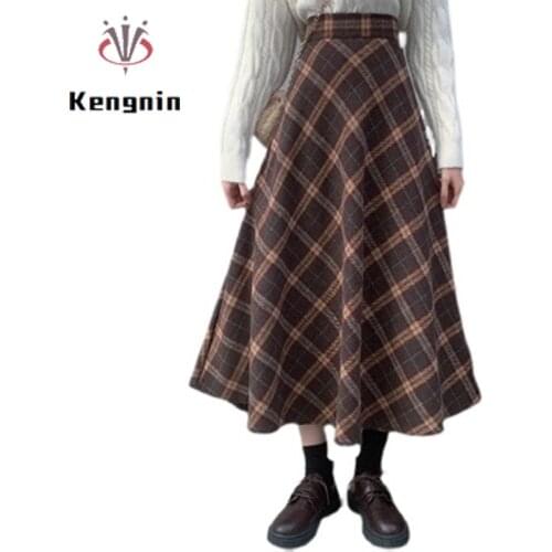 Loose Oversized 4XL Womens Skirts 2021 Autumn Winter Wool&Blends Thick Skirts Lady A-Line Plaid Female Skirts Clothing KE1745