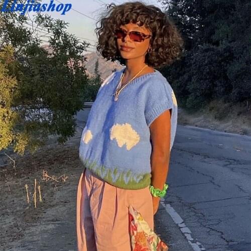 Spring women sweater vest blue cloud knitted v neck sleeveless cute pullover oversize lady grass sweet outwear