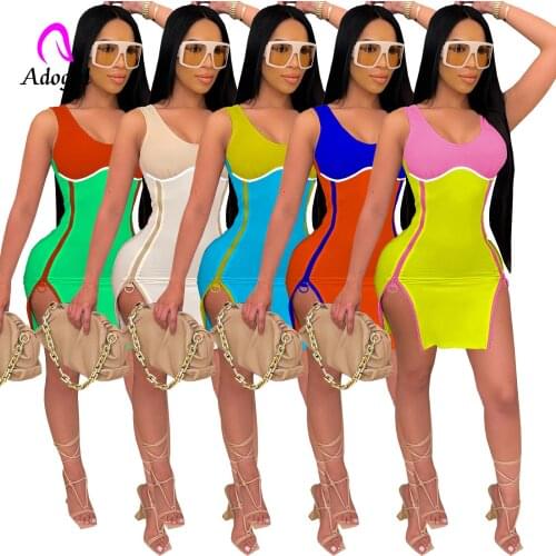 Fitness Women Mini Dress Color Patchwork Activewear Side Slit Zipper Fly Sexy Sleeveless summer Club Party Sheer Skinny Vestidos