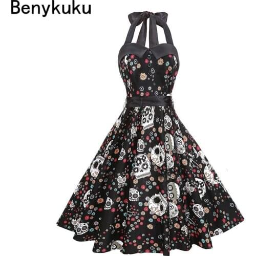 Retro Vintage Style Sleeveless Skull Floral Printed Pin Up Dress 2021 Summer Women Dress Sexy Halter Backless Party Casual Dress
