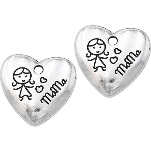 10pcs Antique Silver Plated Heart Mama Charms Pendants for Jewelry Making Bracelet DIY Handmade Craft 20x22mm