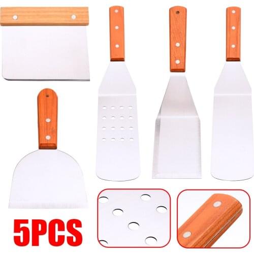 5Pcs Stainless Steel Spatula Set With Wood Handle For BBQ Grill Griddle Stainless Steel Spatula Set Kitchen Utensils