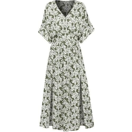 75% HOT SALES!!! Summer Fashion Floral Print High Waist Split Dress Polyester Batwing Sleeve Dress