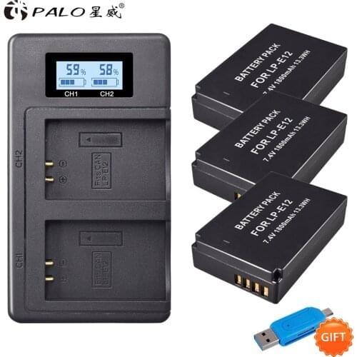 3PCS AKKU LP-E12 LPE12 LP E12 Battery 7.4V 1800mAh +1 USB Charger with LCD for Canon EOS M10 M100 M2 100D Kiss X7 Rebel SL1