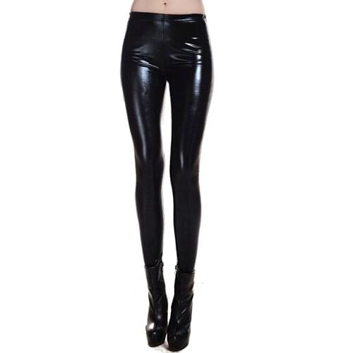 AOYLISEY Women Mid Elastic Thin Leggings Large Plus Size Imitation Faux Leather Pants Skinny Shiny Black Plus Legging Fitness