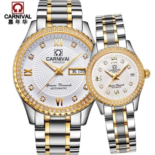 Best Couple Gift CARNIVAL Luxury Couple Watch Automatic Mechanical Watch For Lovers Sapphire Calendar Waterproof Luminous Reloj