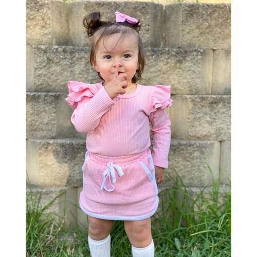 Kids Girl Fall Sets Shirt Shorts Suit Ruffle O-Neck Long Sleeve Casual Lace-up Side Pockets Suit