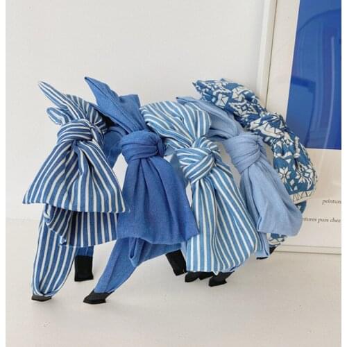 Double-layer Bowknot Headbands Fashion Hair Accessories Women Denim Fabric Striped Floral Hairband boutique cute Hair Hoop New