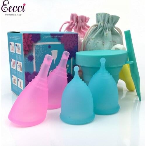 EECCI Medical Silicone discharge Menstrual Set of 4 Period Cups, 2 Storage Bag 1 sterilizer 1 brush 1 Tweezers