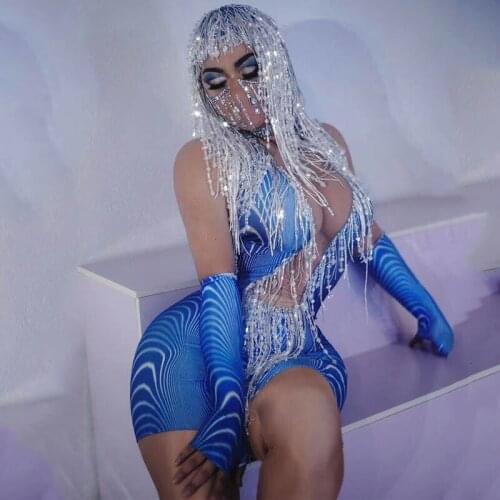 Beading Fringes Headdress Sparkly Blue Short Dress Rhinestone women party stage show costume