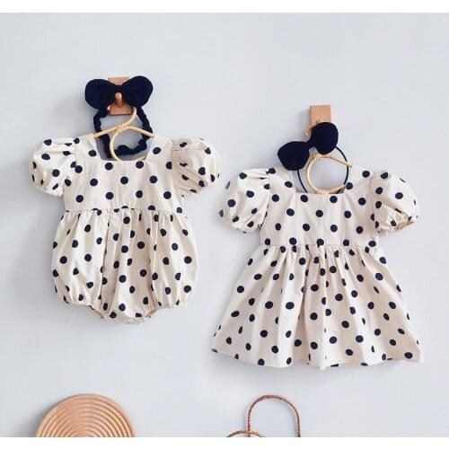 Ins Newborn -5 years Jumpsuit Baby Girls Puff Sleeve Clothing Summer Korean Childrens Clothes Wave Points Sisters Outing Dress