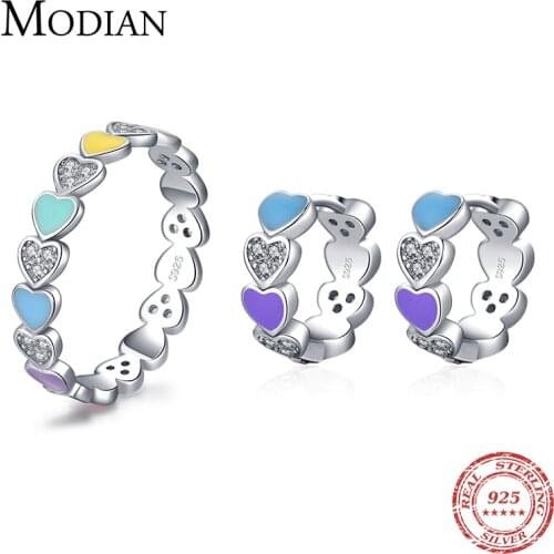 BAMOER Authentic 925 Sterling Silver Love Hearts Jewelry Set Rainbow Enamel Clear CZ Rings & Earrings For Women Fine Jewelry