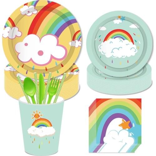 Colorful Rainbow Shower Party Decorations Disposable Tableware Sets Dinner Dessert Plates Baby Kids Happy Birthday Party Favors