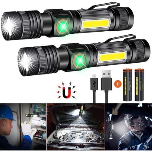 Magnetic Tail Flashlight USB Rechargeable Torch COB Side Light Work Light Pocket Flashlight Waterproof Zoomable Torch Hand Light