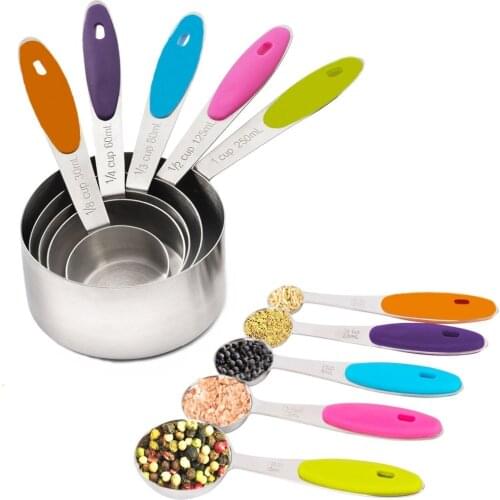 Stainless Steel Measuring Cups and Spoons Stackable Set, 10 Pieces. Professional Metal Cookware Tools to Measure Liquid and Dry