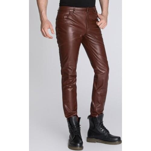 Mens Genuine Leather Pants Real Leather Sheepskin Motorcycle Fashion Vintage Male Trousers Black Brown Pencil Pants Plus Size