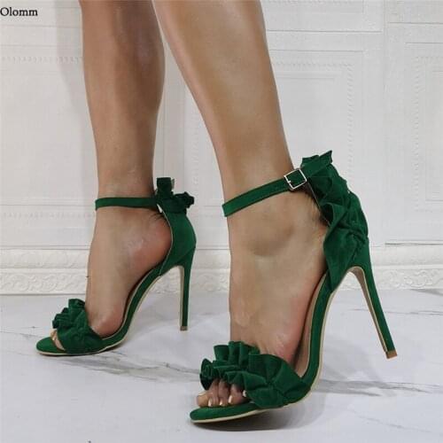 Olomm New Handmade Women Summer Ankle Strap Ruffles Sandals Stiletto Heel Open Toe Beautiful Green Shoes Women US Plus Size 5-15