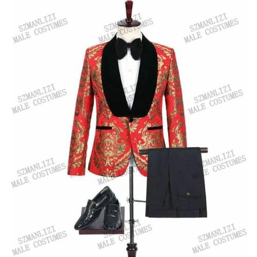 2020 New Designs Red And Gold Floral Clothing For Men Suit 2 Piece Set Mens Wedding Suits Costume Groom Tuxedo Formal Groomsmen