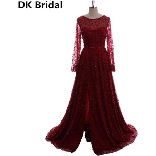 Charming Dubai Design Wine Red Long Sleeves Evening Dresses 2019 O-Neck Pearls Lace A-Line Evening Gowns High Split Prom Dresses