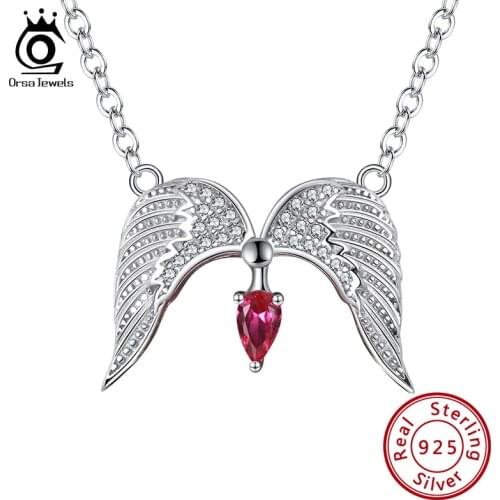 ORSA JEWELS 925 Sterling Silver Unique Angels Wings Pendants Necklace with Red CZ Fashion Women Girl Pendant Jewelry Gift SN292