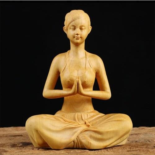 Boxwood 10cm Beauty Sculpture Wood Carving Yoga Girl Statue Feng Shui Home Decor