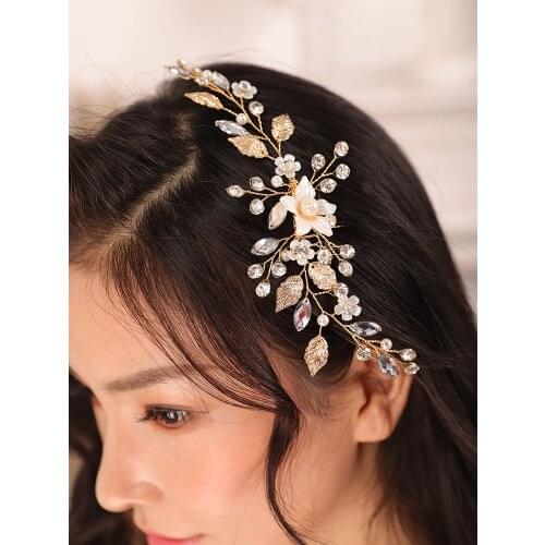 Vintage Leaf Gold Flower Hair comb Rhinestone Pearl Bridal Headwear Hair clip Elegant Women Wedding Accessories hair bride