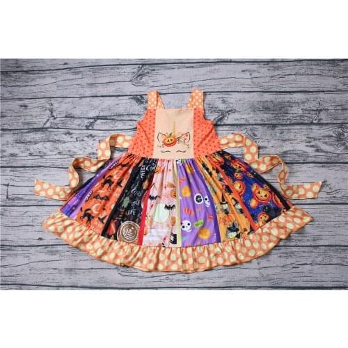 High quality fashion style hot sale halloween twirl dress pumpkin print clothing girls boutique dress