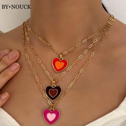 Y2K Rainbow Double Layer Glazed Love Heart Pendant Necklace Jewelry For Women Girl Drip Oil Heart Metal Chain Necklaces 2021 New