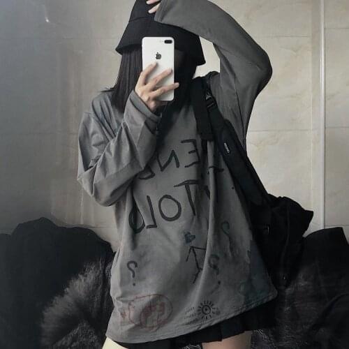 Top women 2021 new Korean version ins Harajuku style hip-hop retro graffiti print loose bottoming shirt long-sleeved T-shirt