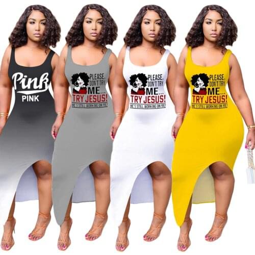 Women Grey O Neck Letter Printed Maxi Dresses 2021 Summer Casual Sleeveless Dress Streewear Plus Size 4XL Female Vestidos