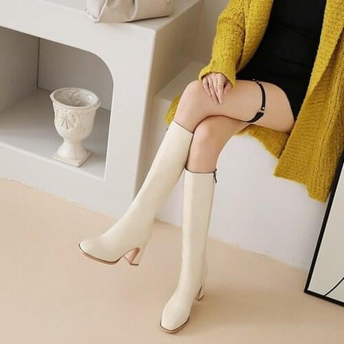 Women Soft Microfiber Hoof High Heels Long Boots Fashion Zipper Knee High Boots Autumn Winter Woman Shoes Oversized Size 34-48