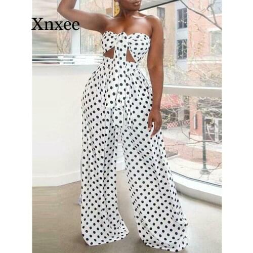 White bikini 2 Piece Outfits for Women Polka Dot Knot Front Strapless Bandeau Crop Top Wide Leg Long Pants Summer Beach Jumpsuit
