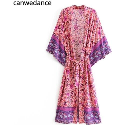 2021 Womens New Maxi Beach Dress Sashes Rayon Printed Boho Long Dress Flower Bohemian Kimono Robes Chic Mujer Vestidos