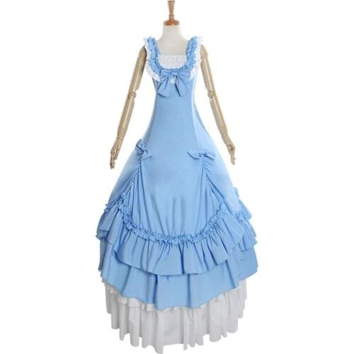 Women Elegant Vintage Victorian Lolita Dress Ladies Evening Party Bandage Slim Flounced Long Gothic Maxi Blue Lolita Dress